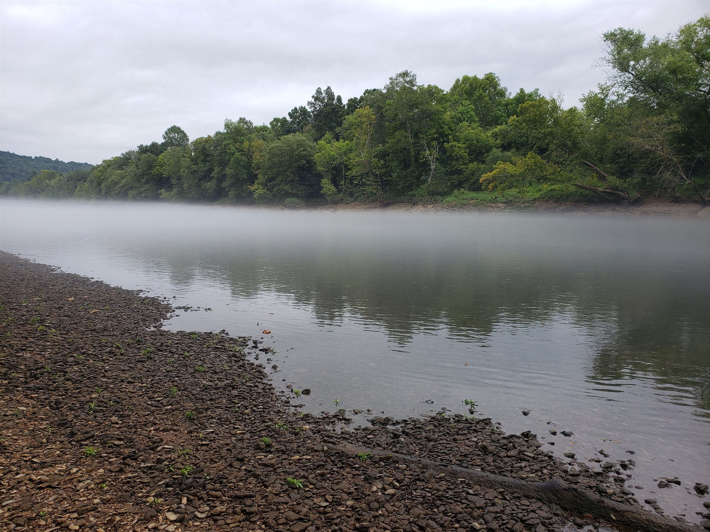 A broad quiet river beneath a low bank of morning fog