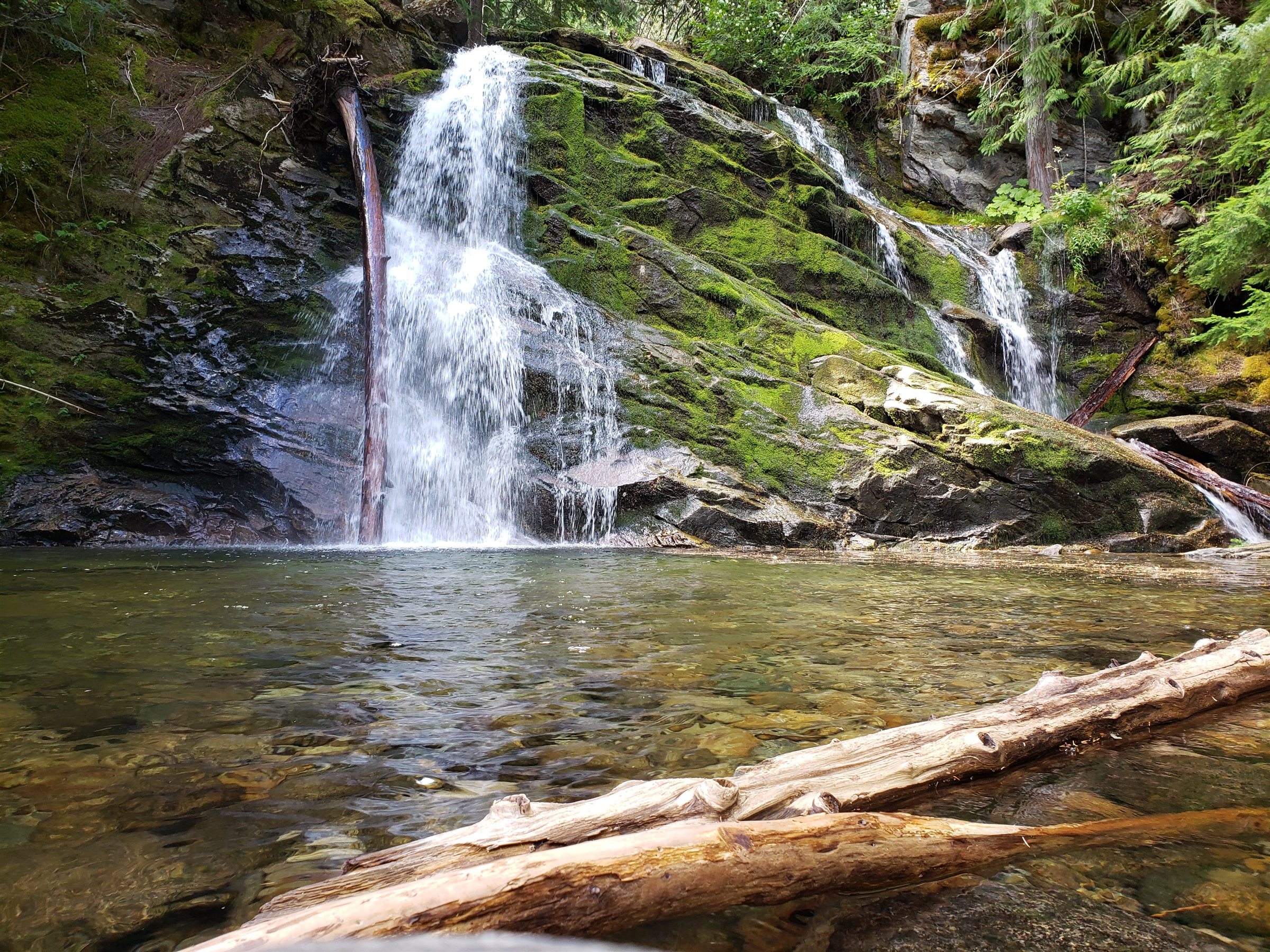 A moss-covered waterfall falling into a clear forest pool
