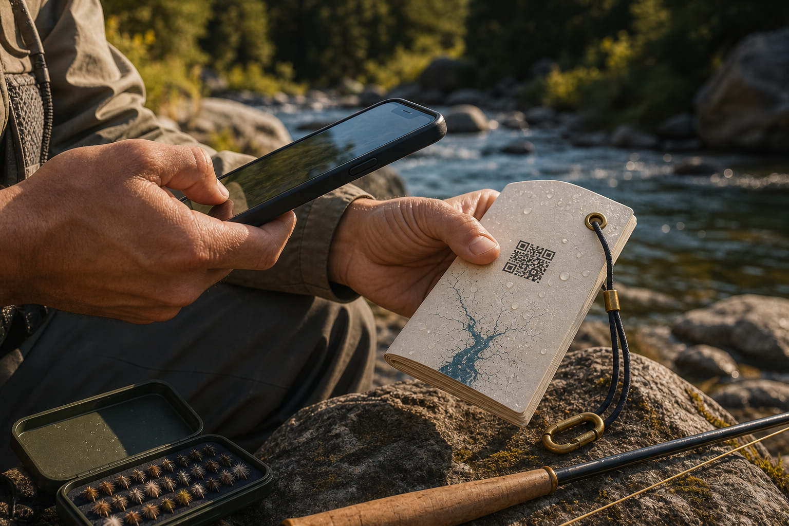 An angler scanning a QR code on a waterproof River Map beside the river