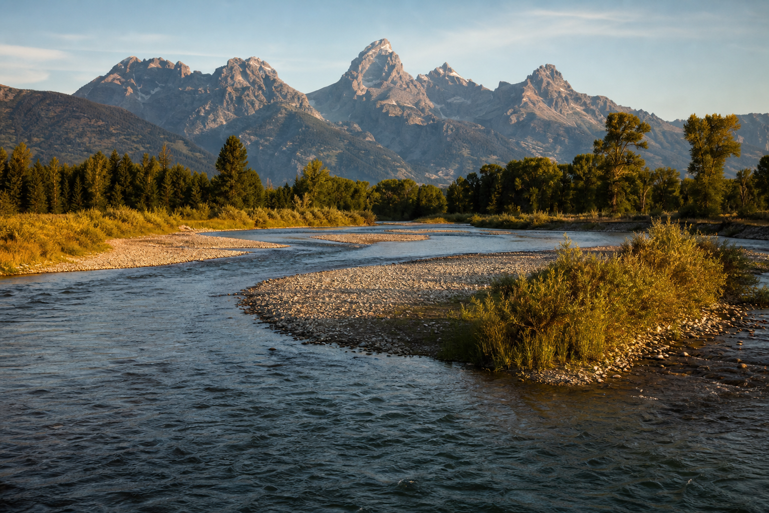 A broad western river winding beneath the Teton mountains